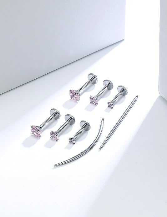 20G 18G 16G Astm F136 Titanium Internally Threaded Flat Back Earrings Nose Rings Studs G23 Titanium Tragus Helix Conch Cartilage Earrings Studs Piercing Jewelry For Women Men Clear Pink CZ