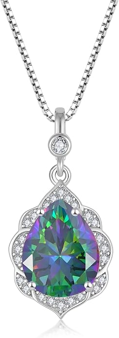 Fahonie Birthstone Necklace for Women 925 Sterling Silver Teardrop Gemstone Pendant Necklace Anniversary Birthday Christmas Cubic Zirconia Jewelry Gifts for Women Mom
