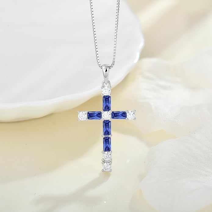 Birthstone Cross Necklace for Women 925 Sterling Silver Christian Religious Crucifix Pendant Rectangular Cut Birthstone Jewelry Gifts for Her