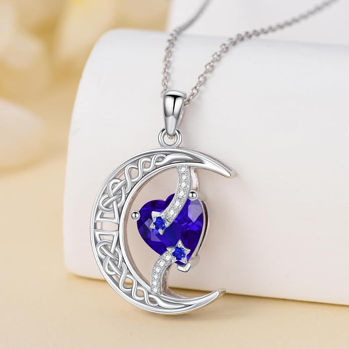 TOUPOP Moon and Star Birthstone Necklace for Women 925 Sterling Silver Celtic Moon Jewelry Birthday Mothers Day Gifts for Mom Wife Her