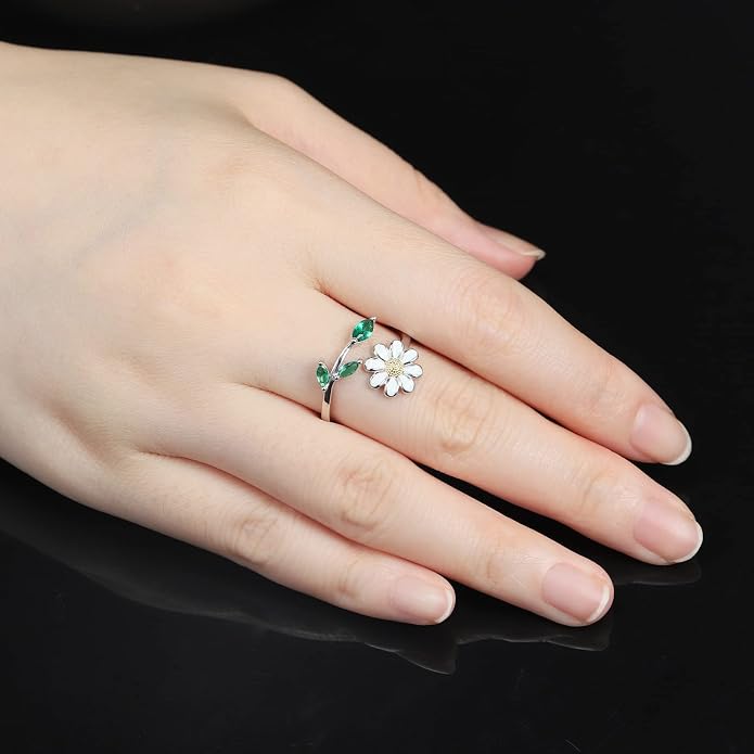 Daisy Anxiety Relieve Rings - 925 Sterling Silver You Are My Sunshine Sunflower Fidget Jewelry ADHD Stress Relieving Spinner Ring for Women