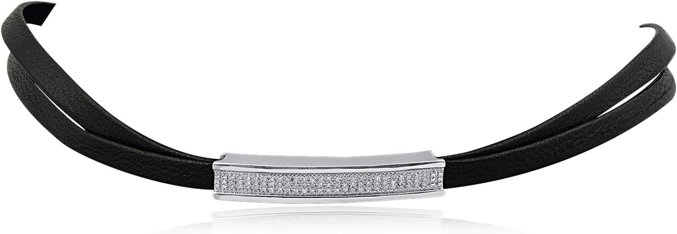 Jewelili Sterling Silver 1/7 Cttw Natural White Round Diamond Black Cord Necklace,23" Leather Cord