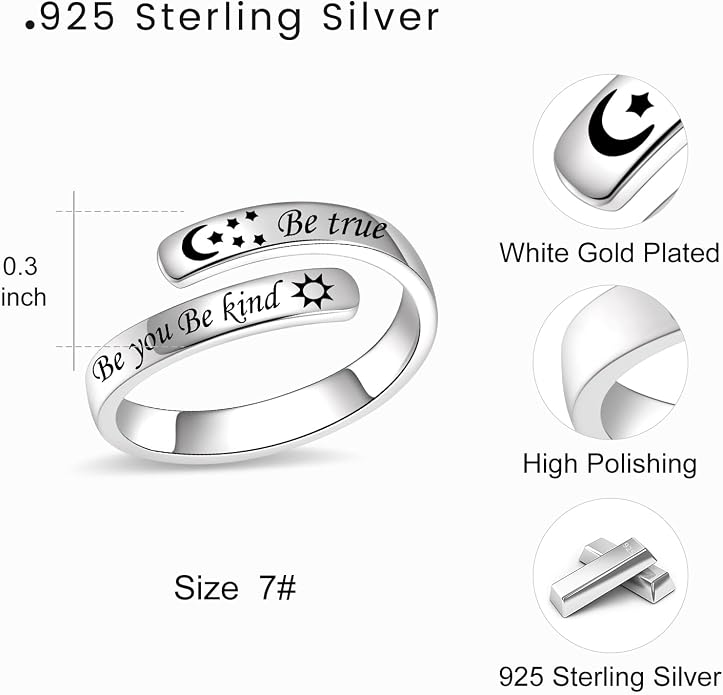BEILIN 925 Sterling Silver Inspirational Jewelry Rings Adjustable Ring Personality Encouragement Gift for Teens Women