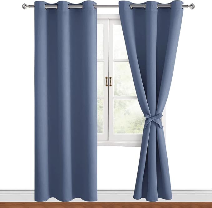 Hiasan Blackout Curtains for Bedroom, 38 x 84 Inches Long - Thermal Insulated & Energy Saving Window Curtains for Living Room, 2 Drape Panels Sewn with Tiebacks, Blue Haze