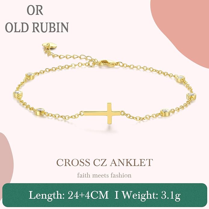 Gold Anklets for Women Ankle Bracelets for Women 14K Gold Anklets Bracelets for Womens Golden Anklet Cross Ankle Bracelet Spaced Evenly Cubic Zirconia Cross Anklet Bracelet for Womens Ankles 9.5+1.5in