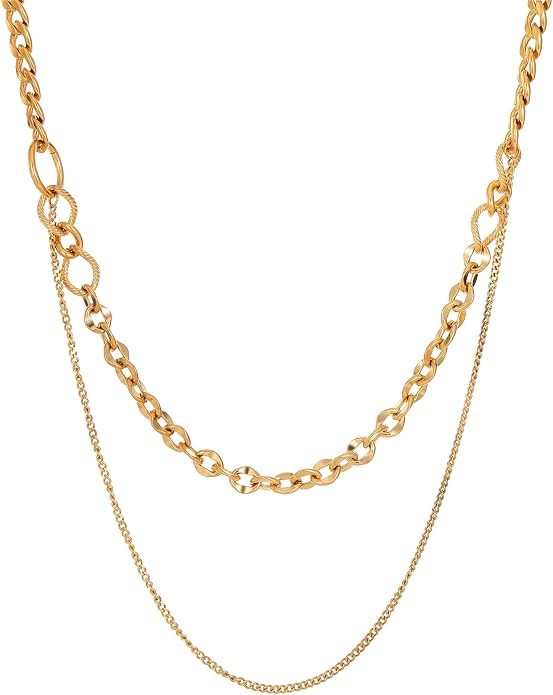 18K Gold Plated Layered Herringbone Necklaces for Women Dainty Layering Beaded Snake Chain Choker Moon Coin Pendant Necklace Trendy Stainless Steel Jewelry