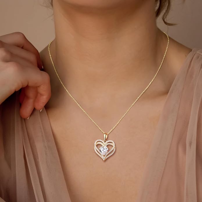 Anniversary Charm Necklace, Sterling Silver 14K Gold Plated Chain with Interlocking Heart Pendant Elegant Birthstone Necklaces for Women, Length 18"
