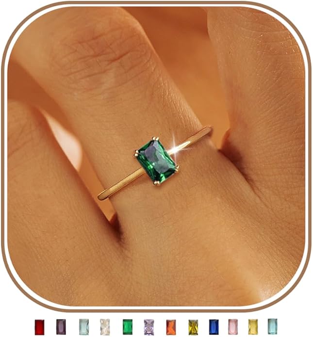 KAERUN Gold Birthstone Rings for Women Non Tarnish 14K Gold Plated Stackable CZ Thumb Eternity Rings Dainty Emerald Green Gemstone Engagement Ring for Mother Lover Birthday Jewelry Gifts Size 6-10