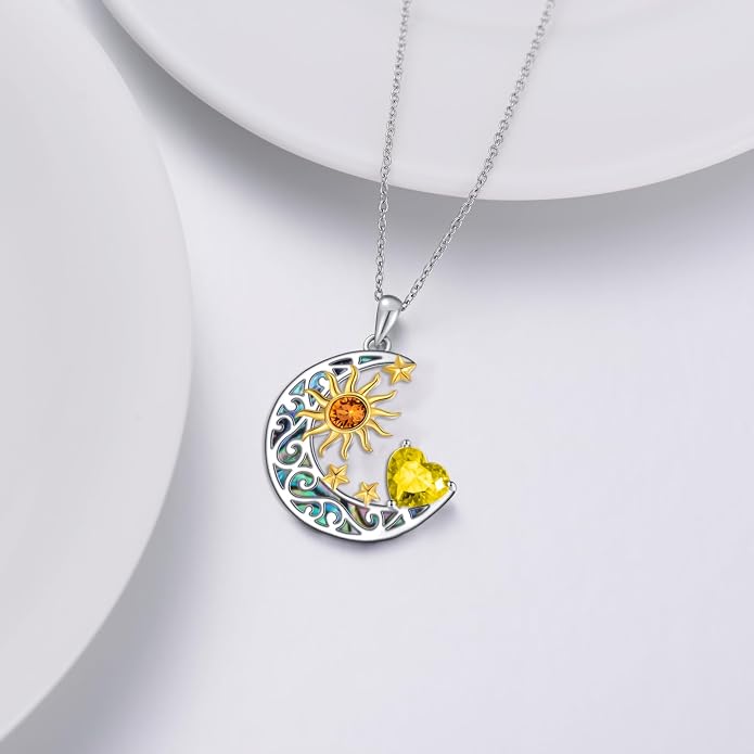 AOBOCO 925 Sterling Silver Sun and Moon Star Pendant Necklace with Simulated Birthstone, Birthday Christmas Jewelry Gift for Women Teen Girls