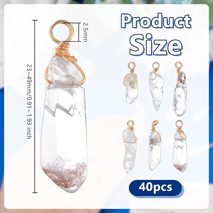 OLYCRAFT 40Pcs Natural Quartz Crystal Pendants Copper Wire Wrapped Pendants Natural Stone with Golden Copper Wire Clear Crystal Gemstone Pendant for Earring Necklace Bracelet Jewelry Making