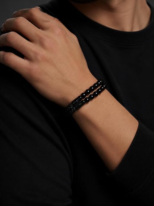 Black Braided Leather Bracelet for Men with Turquoise, Lapis Lazuli, Tiger Eye, Obsidian Stone Double-Row Wristband Beads with Stainless Steel Clasp Fashion Jewelry Gift for Him