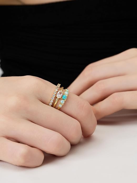 14k Gold Rings For Women,Dainty Chunky Gold Stacking Rings, 3-in-1 One Piece Ring,Trendy CZ & Opal Statement Ring for Women