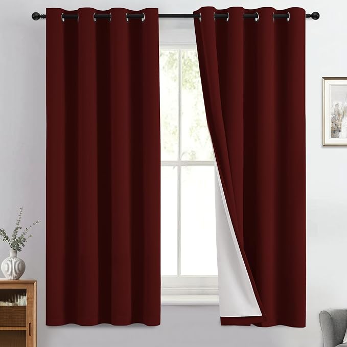 Yakamok Burgundy Red Blackout Curtains 63 Inches Long for Bedroom 50" Wide | Blackout Curtain Panels for Bedroom, 2 Thick Layers Grommet Top Thermal Insulated Drapes with White Back for Living Room