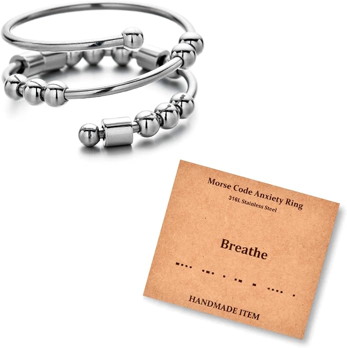 Morse Code Rings for Women Men Funny Inspirational Gifts Stainless Steel Fidget Rings for Anxiety Anxiety Ring with Beads Spinner Ring Fidget Ring Message Friendship Gifts Jewelry Birthday Gifts