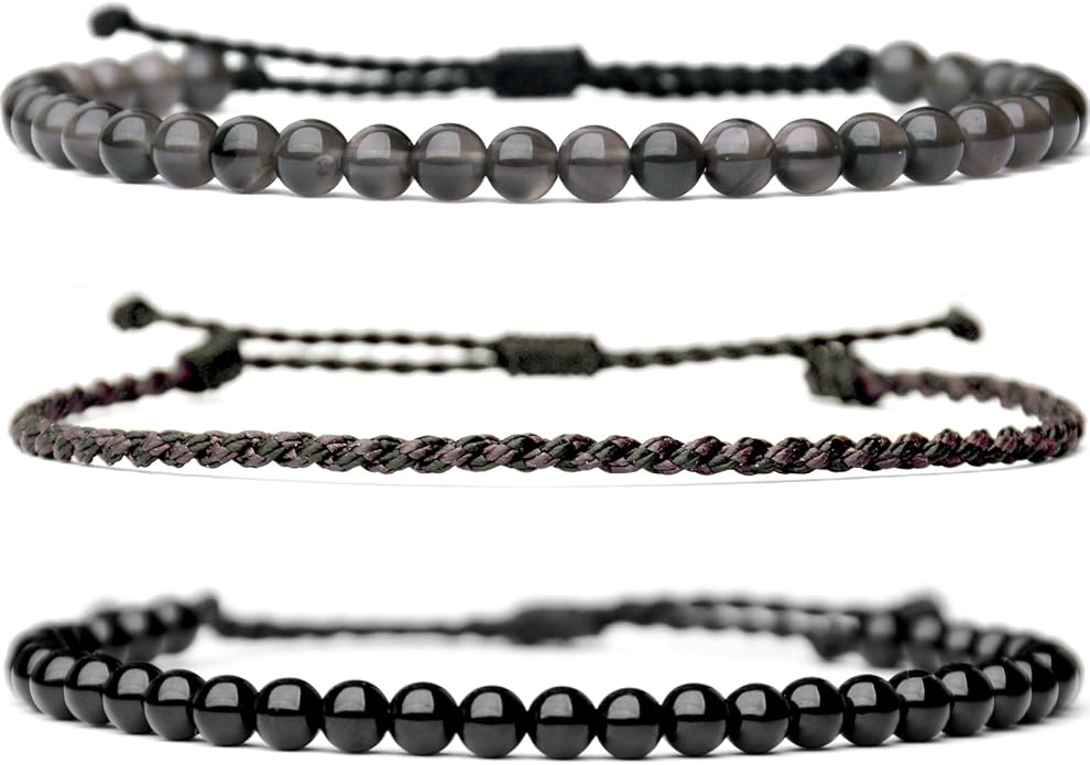 Mezcla Vida 3 Pcs Handmade Natural Gemstone Beaded Bracelet, Adjustable Waterproof Rope Bracelet Set, Valentines Day Birthday Gifts for Boyfriend Husband Him