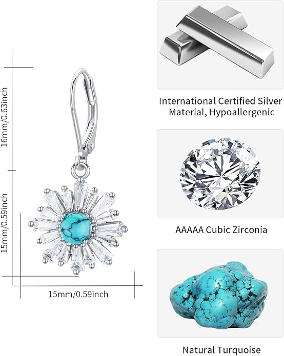 BDL Genuine Turquoise Jewelry for Women, Sterling Silver Earrings and Necklaces for Women, Leverback Dangle Drop Earrings Jewelry