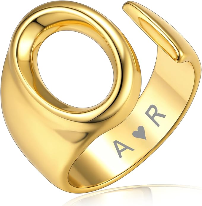 KeyStyle Bold Initial Letter Rings Adjustable, GoldChic Jewelry Women Gold Statement Ring Personalized Engraved Women’s Open Signet Ring for Party (Gold, White Gold, Black)