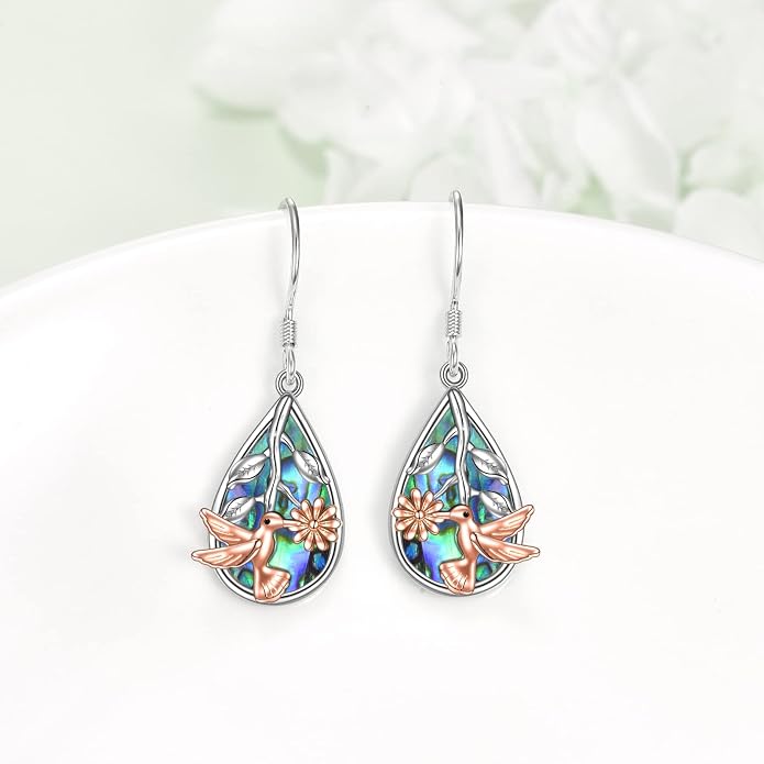 CRMAD Hummingbird/Bee/Leaves/Sunflower/Daisy/Dragonfly/Rose/Lotus Flower Sterling Silver Filigree Teardrop Earrings Abalone Shell Jewelry for Women