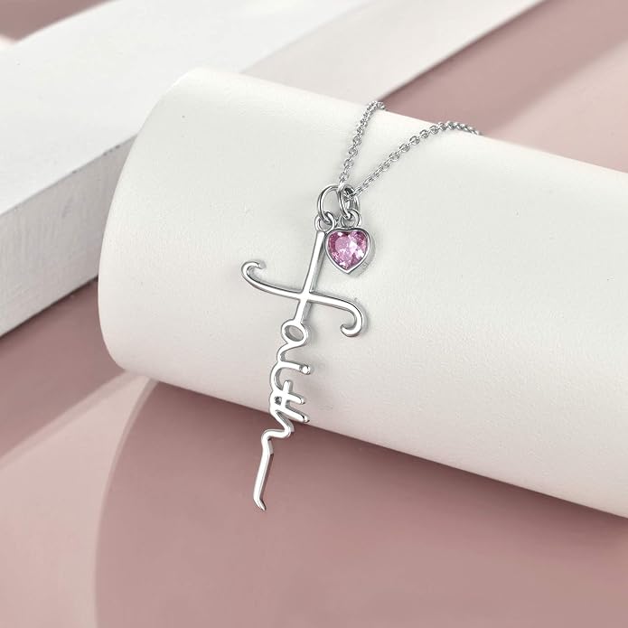 Faith Cross Necklace For Women Birthstone Sterling Silver with Simulated Birthstone Cross Jewelry Christian Gifts