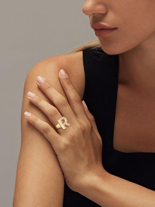 FindChic Initial Ring for Women, Gold Plated Chunky Letter Rings Open Adjustable Trendy Sparkling Cubic Zirconia Personalized Statement Rings Jewelry Gift