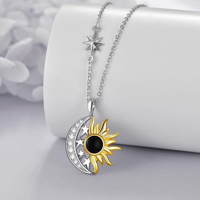 Sun and Moon Necklace for Women 925 Sterling Silver Celtic Crescent Moon Pendant Blue Opal/White Opal/Abelone Shell/Labradorite/Moonstone Jewelry Gift for Teen Girls