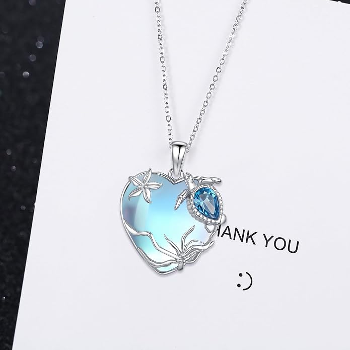 Sea Turtle/Seaweed Necklace for Women 925 Sterling Silver Heart of the Ocean Moonstone Pendant Necklace Turtle Moonstone Jewelry Gift for Wife Mom