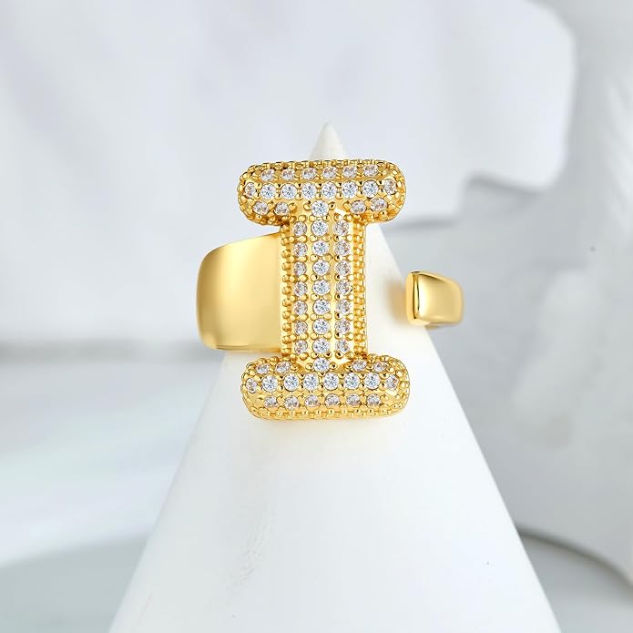 Cicy Bell Initial Rings for Women 14k Gold Plated Cubic Zirconia Delicate Letter Chunky Statement Open Rings Gifts for Her