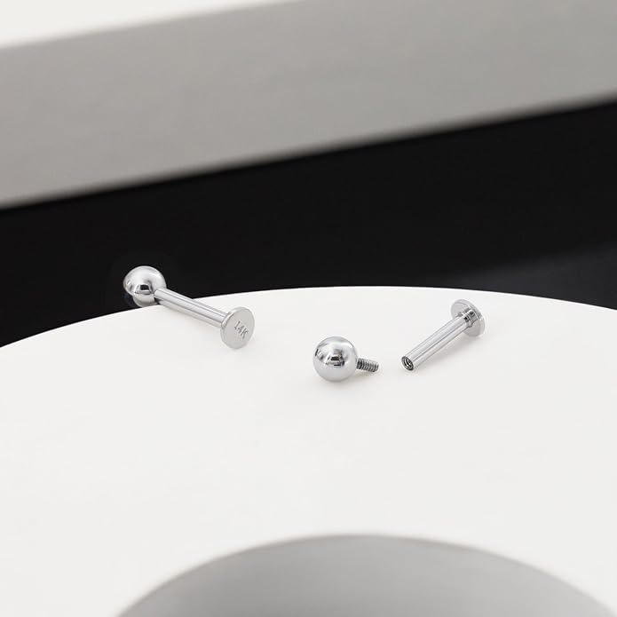 14k Yellow/White Gold Body Jewelry Earrings for Women Threaded Micro CZ Gem Top Tragus/Helix/Labret Stud 16G 6mm 8mm