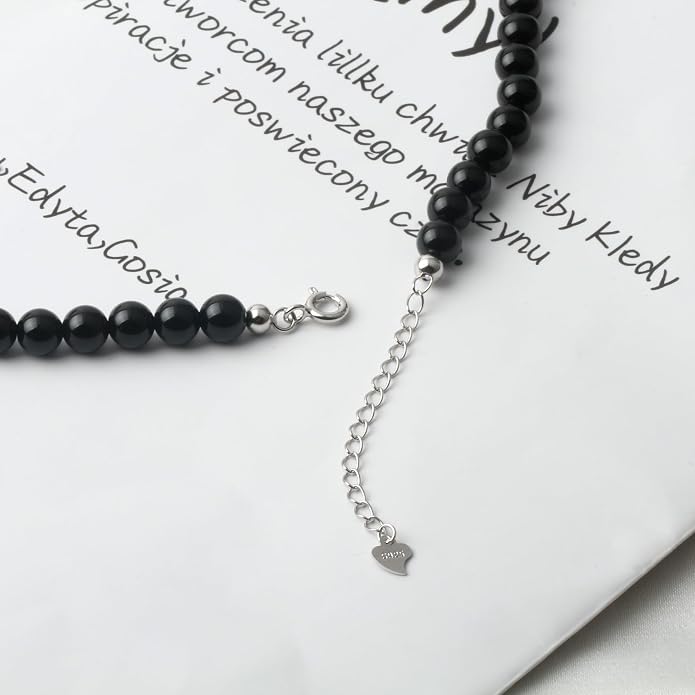 Kakikaki Natural Agate Choker Necklace Sterling Silver Round Beads Strand Necklace for Women