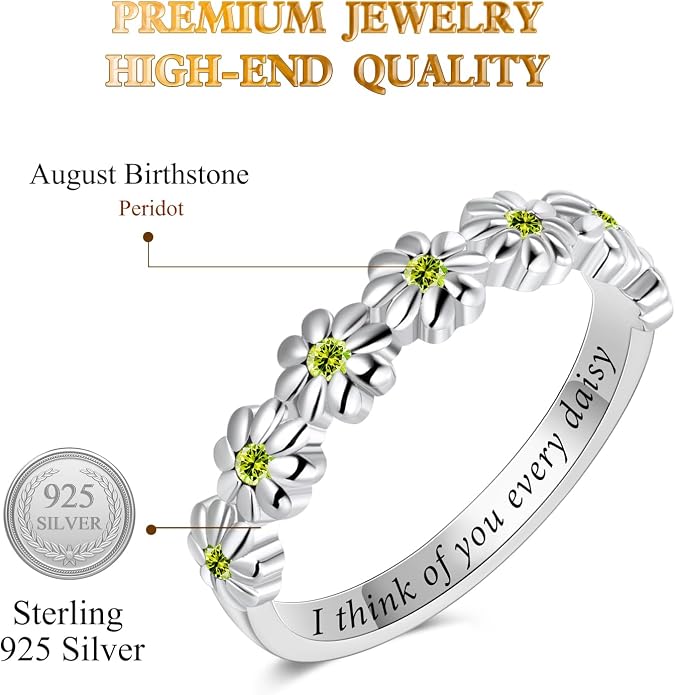Dainty Daisy Ring for Women, S925 Sterling Silver Cubic Zirconia Sunflower Flower Ring For Daughter, I Think Of You Every Daisy Ring, Birthstone Flower Ring