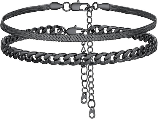 FOCALOOK Anklet Bracelets Set for Women, 14K Gold Plated Waterproof Cuban Link Chain Layered Anklets Set for Plus Size Ankle 8-10.5 Inch Adjustable Summer Beach Jewelry Gift