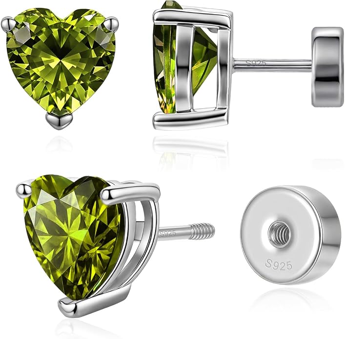 Heart Birthstone Flat Back Stud Earrings, 925 Sterling Silver 18K White Gold Plated, Poke-Free Comfortable Sleep Hypoallergenic Personalized Ear Piercing Jewelry, Mother's Day Birthday Gifts for Women