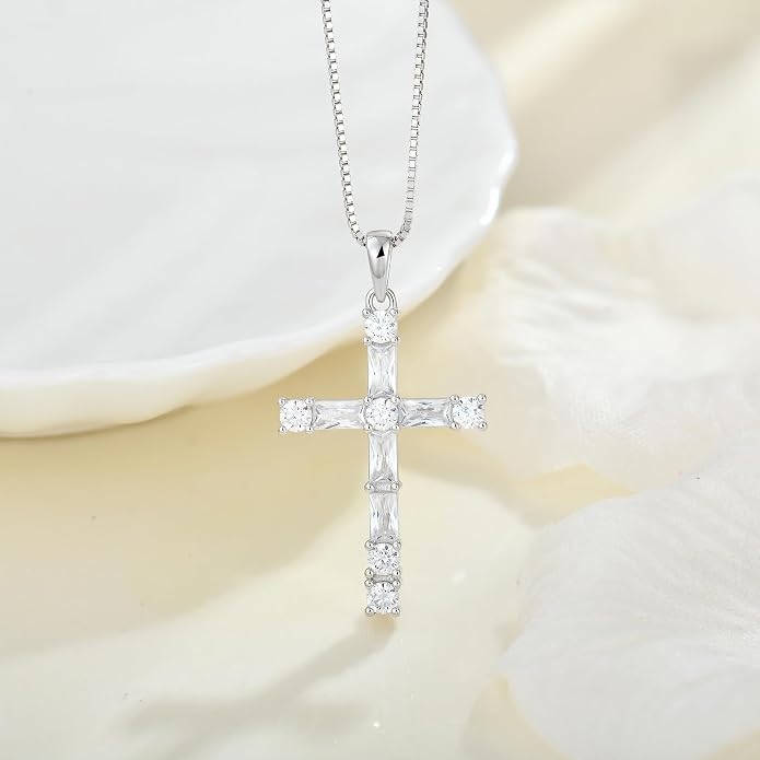 Birthstone Cross Necklace for Women 925 Sterling Silver Christian Religious Crucifix Pendant Rectangular Cut Birthstone Jewelry Gifts for Her