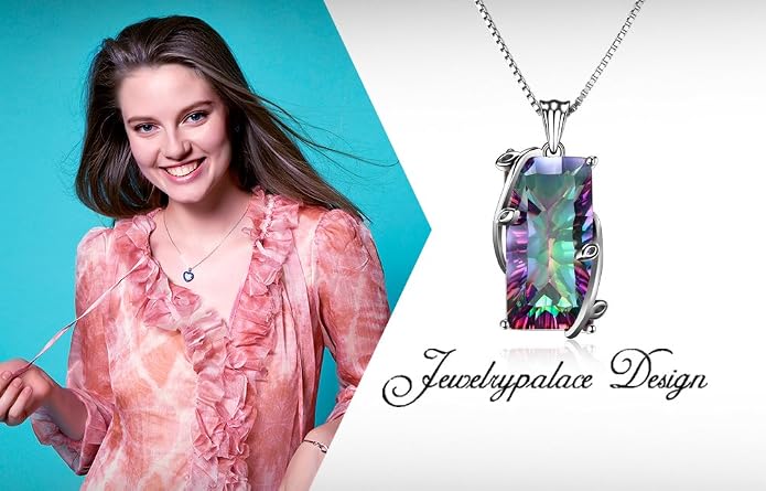 JewelryPalace Multicolor Luxurious 15.2ct Rectangle Genuine Mystic Quartz Pendant Necklaces for Women, 14K White Yellow Rose Plated Gold 925 Sterling Silver Natural Gemstones, 18 Inches Chain