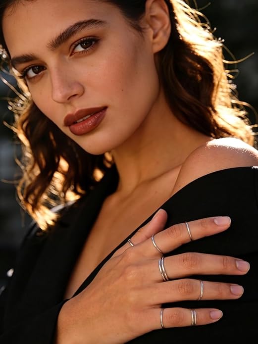 FOCALOOK 28 PCS Knuckle Ring Set 1MM Stainless Steel Women's Thin Plain Band Stacking Midi Finger Rings Set Comfort Fit Silver/Black/Gold/Rose Tone Size 4-10