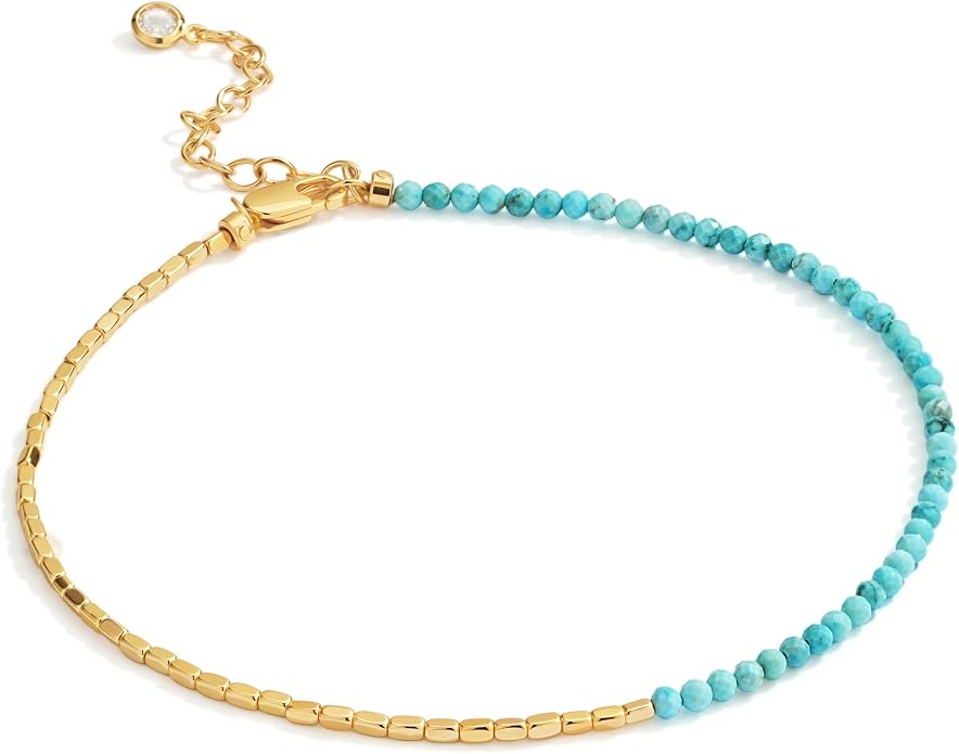 DREMMY STUDIOS Gold Anklet Bracelets for Women 14K Gold Plated Stone Handmade Beaded Link Chain Anklets Jewelry Gift