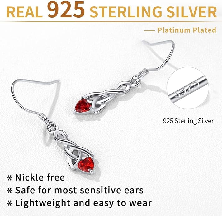 ChicSilver Sparkling Heart Birthstone 925 Sterling Silver Celtic Knot Dangle Hook Earrings (with Gift Box)