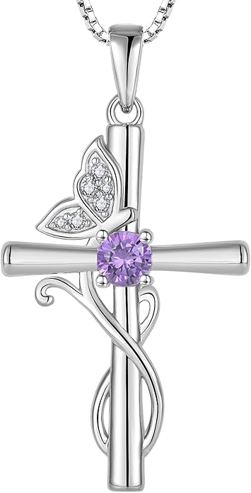 STARCHENIE Butterfly Cross Necklace 925 Sterling Silver Crucifix Pendant Birthstone Jewelry for Women