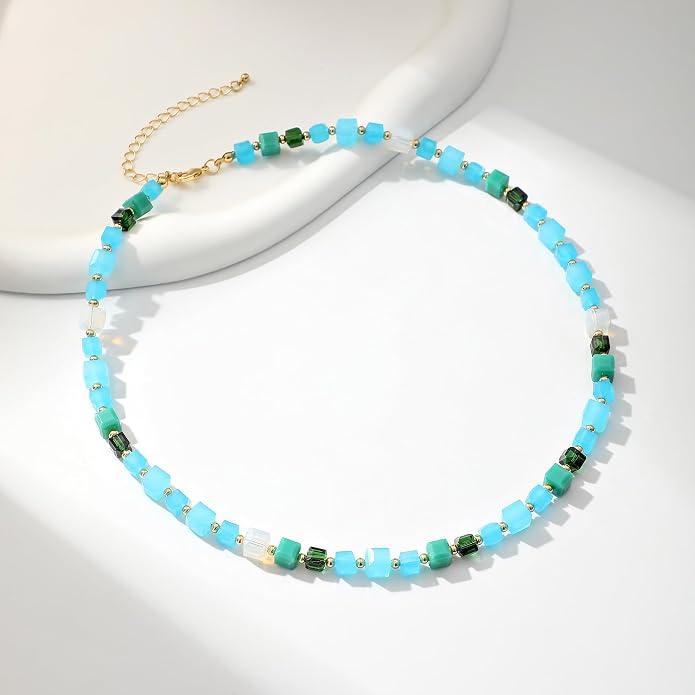 LALAPPLE Colorful Beaded Gemstone Necklace for Women, Boho Rainbow Bead Choker with Natural Stone Crystal Beads, Handmade Summer Beach Necklace Jewelry