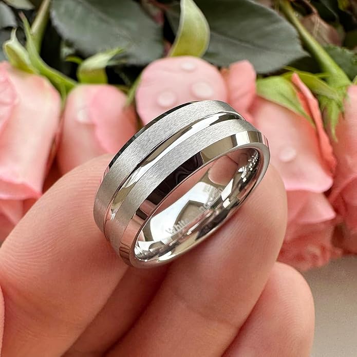 TUTISS 6mm 8mm White Tungsten Rings for Men Women Couple Fashion Jewelry Engagement Wedding Bands Matte Finish Beveled Edges Comfort Fit