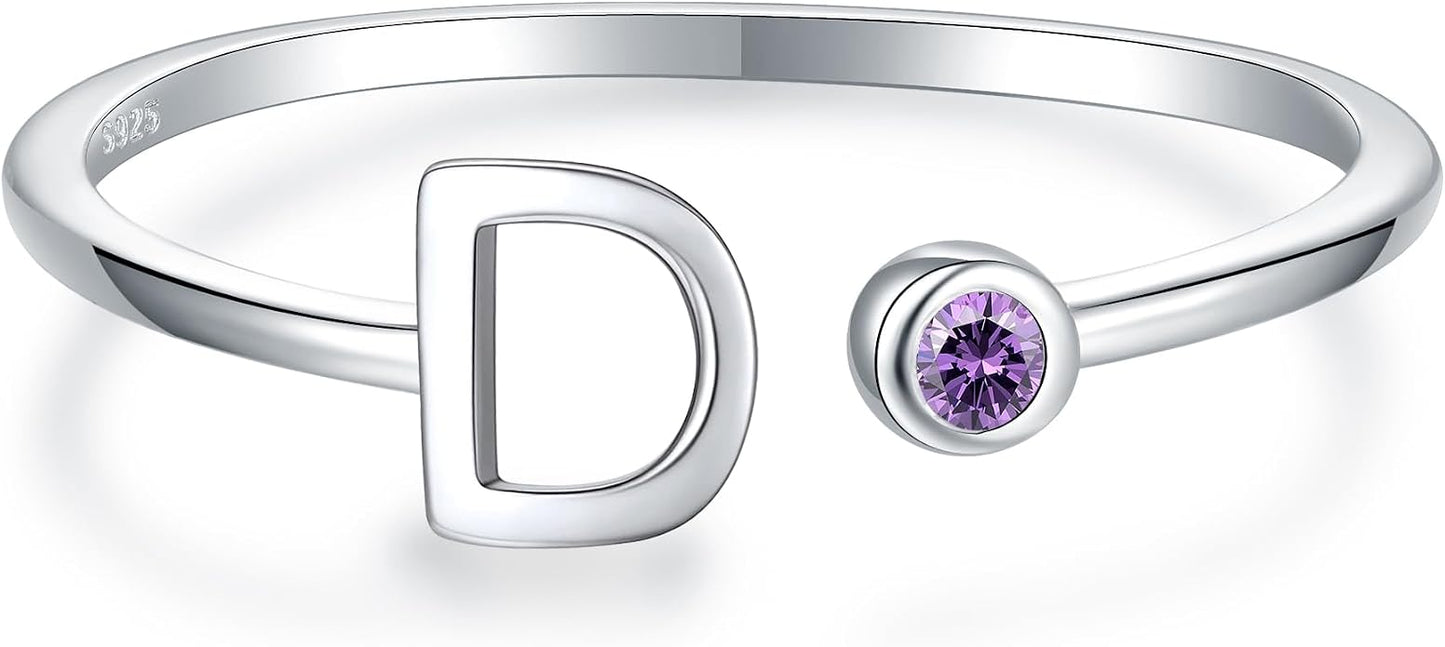 925 Sterling Silver Initial Letter Birthstone Rings for Women Adjustable 1-12 Month Birthstone Alphabet Stacking Ring for Teens Girls Stackable Birthstone Rings Birthday Jewelry Gift for Daughter Mom