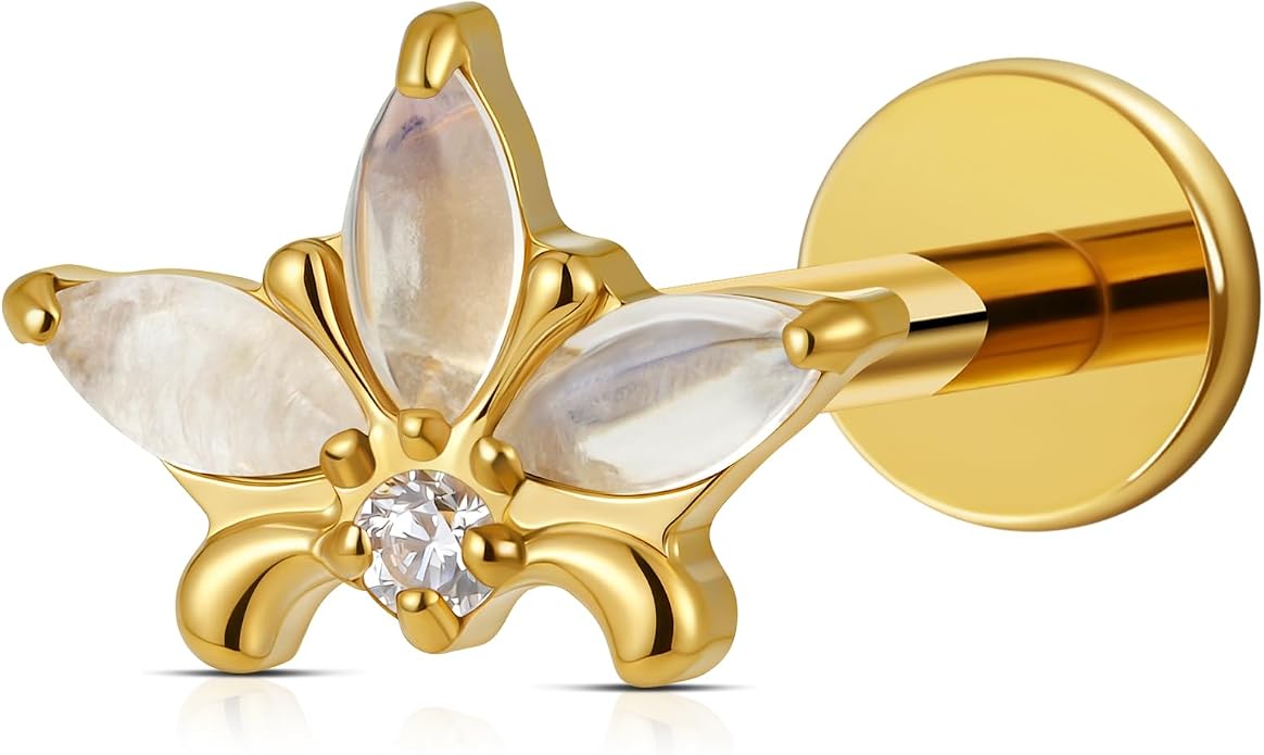 FINE4U ASTM F136 Titanium Piercing Jewelry Stud - 16G 6mm 8mm Triple Marquise Lotus Flower Cartilage Earring, Hypoallergenic Flatback Bridal Jewelry