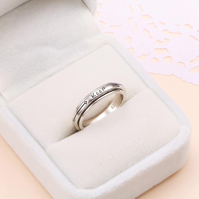 Alphm S925 Sterling Silver Spinner Fidget Anxiety Worry Relieving Boredom ADHD Autism Band Rings