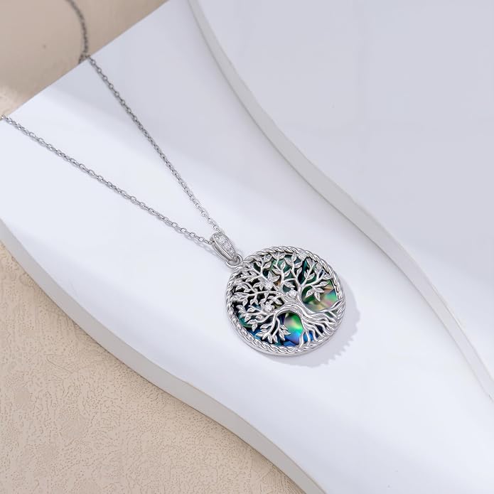 Tree of Life Moissanite Necklace, 925 Sterling Silver 0.5 Carat Moissanite Abalone Shell/Opal/Black Onyx/Turquoise/Malachite/Tiger Eye Stone Tree of Life Pendant Necklaces Jewelry Gift for Women Mom
