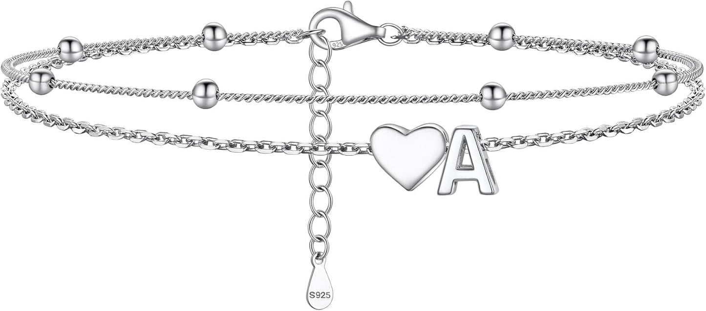PROSILVER Ankle Bracelets for Women S925 Sterling Silver Anklets for Women Waterproof, Dainty Layered Heart Anklet, Beach Initial Anklet for Summer, Letter A-Z