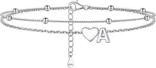 PROSILVER Ankle Bracelets for Women S925 Sterling Silver Anklets for Women Waterproof, Dainty Layered Heart Anklet, Beach Initial Anklet for Summer, Letter A-Z