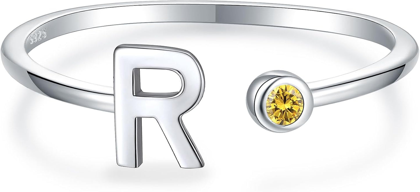 925 Sterling Silver Initial Letter Birthstone Rings for Women Adjustable 1-12 Month Birthstone Alphabet Stacking Ring for Teens Girls Stackable Birthstone Rings Birthday Jewelry Gift for Daughter Mom
