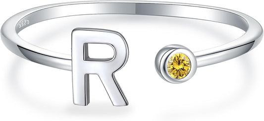 925 Sterling Silver Initial Letter Birthstone Rings for Women Adjustable 1-12 Month Birthstone Alphabet Stacking Ring for Teens Girls Stackable Birthstone Rings Birthday Jewelry Gift for Daughter Mom