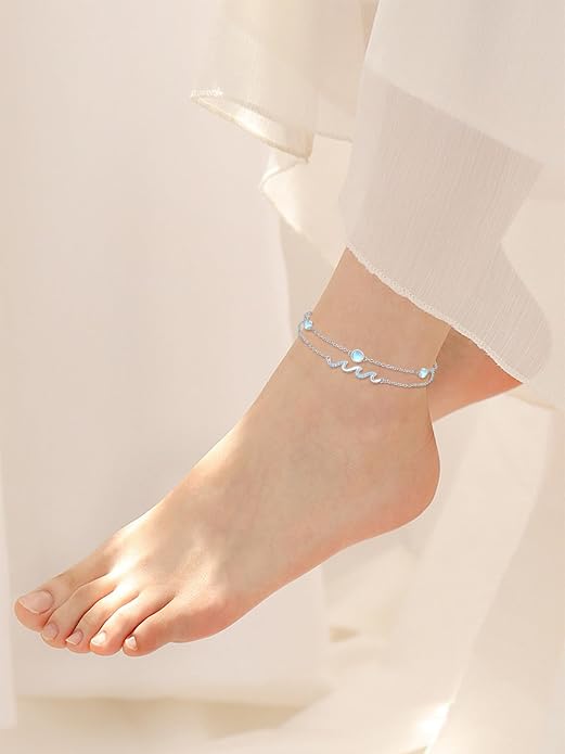 Wave/Dolphin Bracelet/Sea Turtles Anklet 925 Sterling Silver Adjustable Moonstone Bracelet/Anklet Summer Ocean Jewelry Gifts for Women