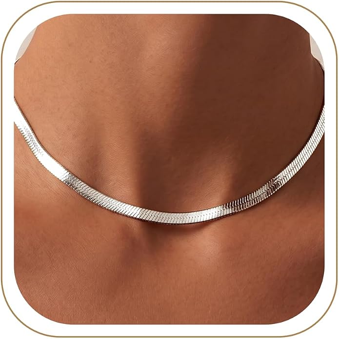 WomenGifts 14K Gold Silver Plated Herringbone Necklace for Women, Dainty Snake Chain Choker, Trendy Simple Long Layered Jewelry Non Tarnish, 3/4/5/8mm,14,16,18,20,22,24,26 Inch Thin & Chunky Options